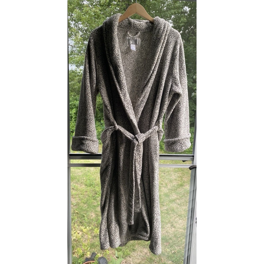 Oscar de la Renta Gray Leopard Print Fleece Belted Robe Women's L/XL - Picture 5 of 6